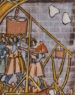 two trebuchets (highlighted in colour). The larger one in the foreground has its counterwieght on the viewer's left, and the smaler one with its counterwieght on the right on the viewer's right.